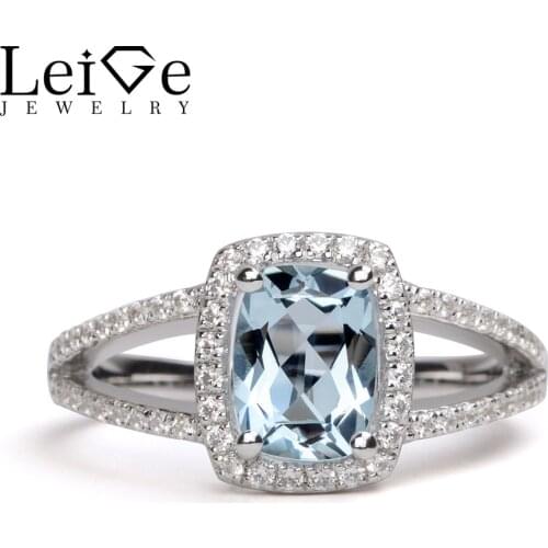 Leige Jewelry Rings Aquamarine Silver 925 Jewelry Blue Gemstone Engagement Promise Rings for Her March birthstone Valentine Gift