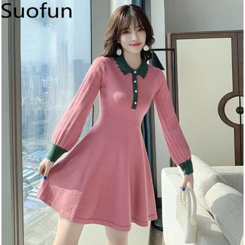 Suofun A-line Sweet Long Sleeve Slim 2021 New Fashion Womens Temperament Small Peter Pan Collar Spring Pink Lady Mini Dress