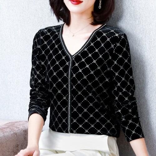 Gold velvet long sleeve shirt women 2021 Slim V-neckfashion plus size t shirt women tops elegant tshirt camiseta mujer