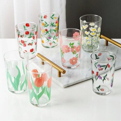 7 Flower Patterns 450Ml Tulip Daisy Wine Glass Juice Cup Printing Rose Cosmos Flower Creative Tumbler Drinking Set Gift