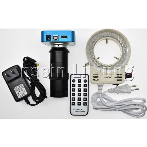 Full HD 20MP 1080P 60FPS HDMI USB Industrial Digital Video Microscope Camera+8X-130X C-mount Lens+Adjustable 60 LED Light Source