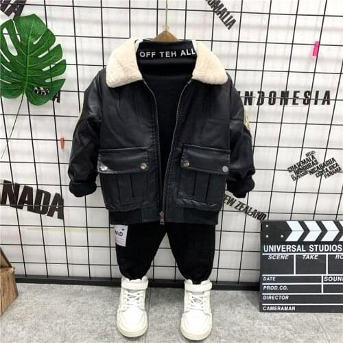 Child Sports Suit Kids Faux Leather Coat +Plus Velvet T-Shirts +Thicken Pants 3Pcs Set Winter Tracksuits Baby Boys Clothing Sets