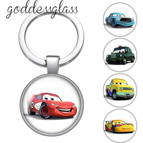 Disney Pixar Cars Lightning McQueen Mater Jackson glass cabochon keychain Bag Car key chain Ring Holder Charms keychains gift