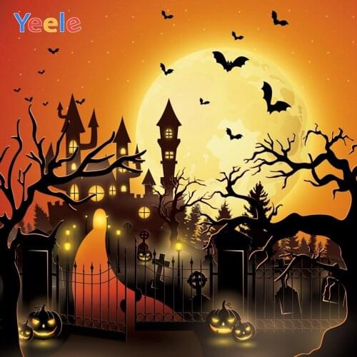 Halloween Backdrop Castle Moon Tree Branches Pumpkin Lantern Bat Party Vinyl Photography Background For Photo Studio Photophone