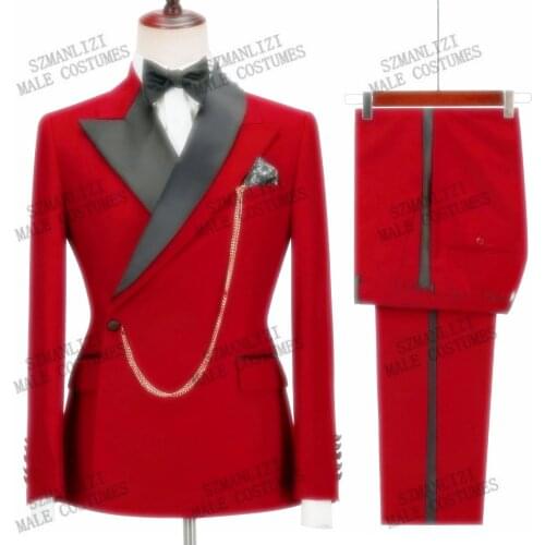 Costume Homme Red Men Suits Double Breasted Formal Blazer Pants Slim Fit Wedding Male Dress Groom Tuxedos Suit Prom 2 Pieces
