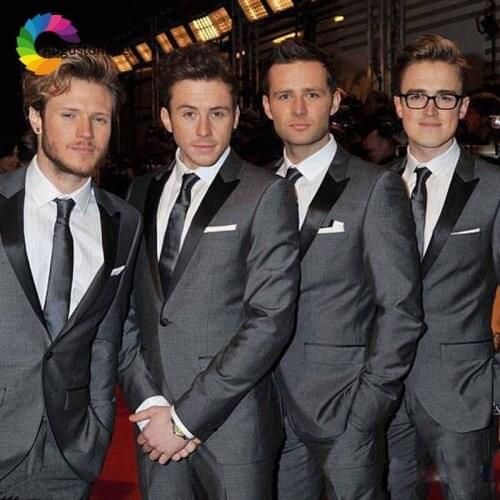 Custom Made Grey Mens Wedding Suits Black Peaked Lapel Slim Fit Costume Homme Groom Tuxedo 2Piece Best Man Blazer Jacket Pants