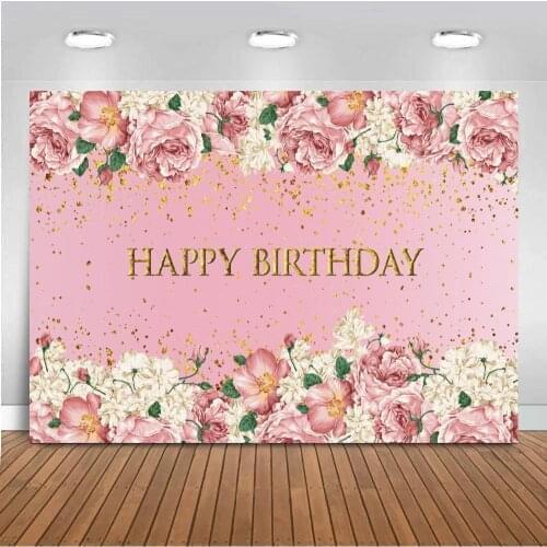 Rose Gold Glitter Happy Birthday Backdrop Floral Flowers Dots Adult Girl Birthday Party Background Decoration Custom Photography