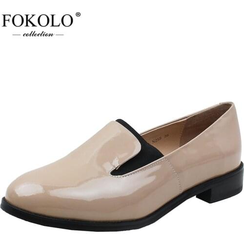 FOKOLO Flat Shoes Women Fashion Genuine Leather Round Toe Elastic Band Casual Shoes Summer Simple Patent Leather Lady Shoes P11