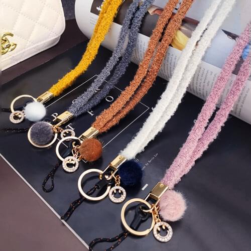 Hanging Neck Rope Hairball smiley face pendant lanyard Mobile Phone Straps Ornaments Pink White Yellow Orange Blue Green Gray