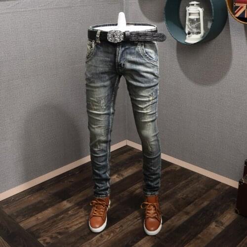 Italian Vintage Fashion Men Jeans Retro Yellow Blue High Quality Ripped Jeans For Men Streetwear Slim Fit Distressed Denim Pants
