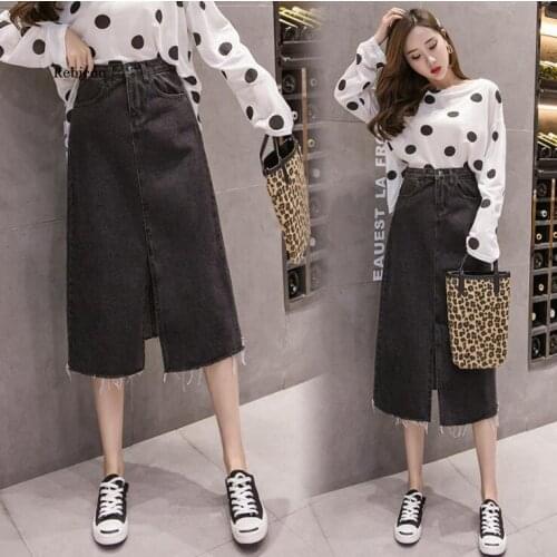 Plus Size Denim Skirt Women Black S-5XL Split Vintage 2021 Slim Jeans Skirts Elegant Casual Street Saia Midi Faldas
