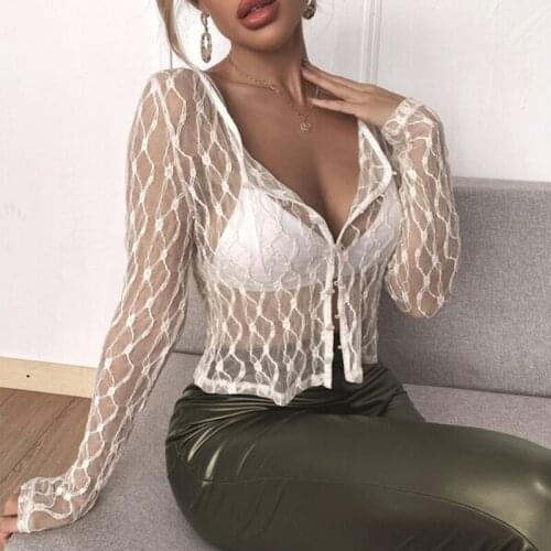 Women Summer Sexy Perspective Lace Mesh Tops See-Through Long Sleeve Fashion Cardigan T-shirts Streetwear 2021