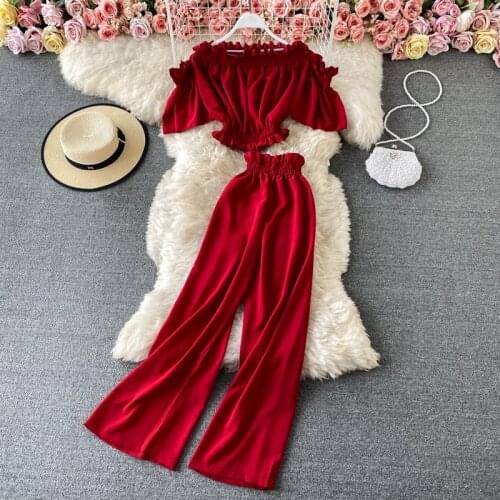 Women Outfits Short One Shoulder Off Crop Top And High Waist Wide Leg Pants New 2021 Summer Fashion Ladies Solid Two Piece Set