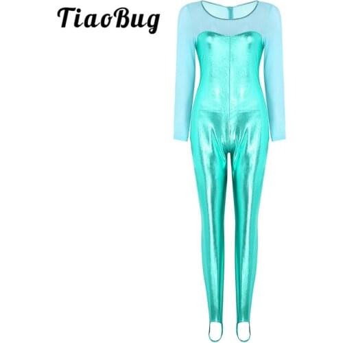 TiaoBug Shiny Metallic Long Sleeve One-piece Ballet Gymnastics Leotard Women Unitards Bodysuit Catsuit Performance Dance Costume