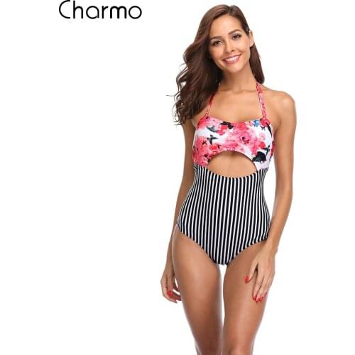 Charmo Women Monokini Swimsuit Swimwear One-piece Floral Patchwork Striped Buckle Sexy Backless bandaged Bathing suit Beachwear