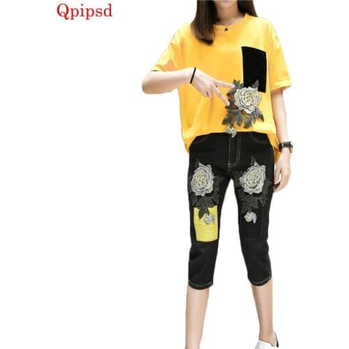 Plus Size 5XL Womens Sporting Suit 2021 Summer Casual Loose 2 Piece Tracksuit Sets Female Short Sleeve T-shirts+denim Pants Suit