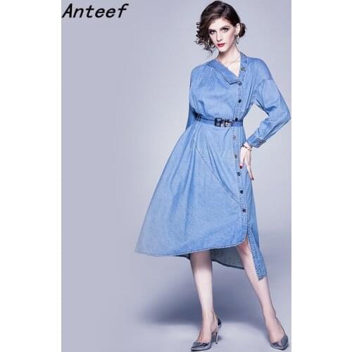 Anteef long sleeve denim dresses for women casual loose spring autumn dress elegant clothing 2021