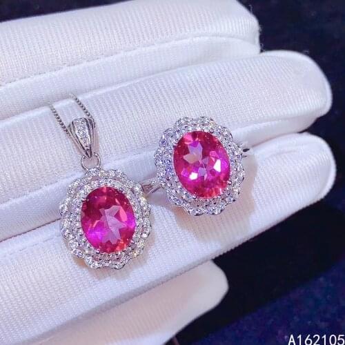 Fine jewelry 925 pure silver Chinese style natural pink topaz womens elegant fashion flower oval gem pendant ring suit support