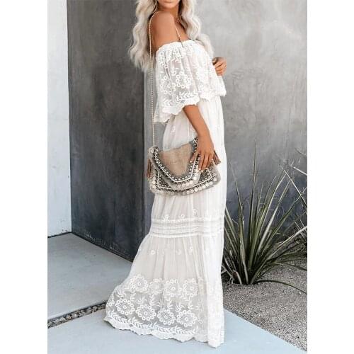 Lady Trendy Hook Flower Hollow Lace Dress Floor-Length Sexy Off Shoulder Dress Woven Slash Neck Strapless Dresses Bohemian Dress