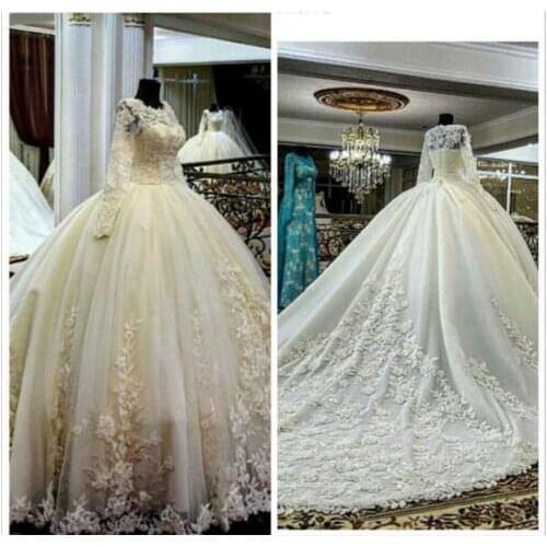 Vestido De Novia luxury wedding dress ball gown long sleeve sexy appliques chaple train bridal Wedding gown Robe De Mariage