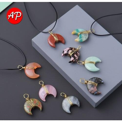 1pc Natural Crystal Moon Pendants Hand Made Gold Thread Gem Necklace Quartz Jewelry Energy Stone Gift