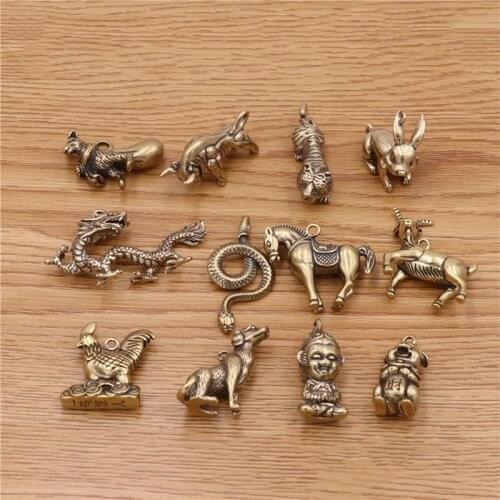 1pcs Solid Brass Keychain Charm Pendant High Quality Chinese Zodiac Signs Leather Craft DIY Decoration Keyring Animals CLOXY