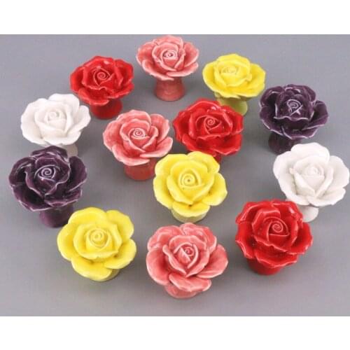 2PCS Ceramic Rose Kitchen Home Door Cupboard Pull Handle Cabinet Drawer Knob red Pink Purple Yelllow white Flower Knobs Handles
