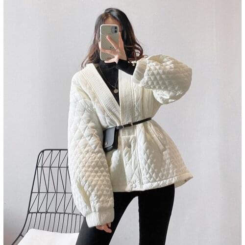 2021 Women Fashion V-neck Coats Winter Baseball Cotton-Padded Jacket loose Cotton Quilted Jacket Female Outerwear Chic Tops