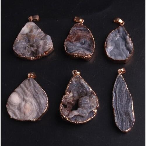 6PC Grey Quartz Crystal Stone Pendant Agates Druzy Pendulum Natural Stone Necklace Pendants Jewelry Making Women Healing Gift