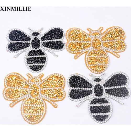 New 4pcs/Lot Hotfix Rhinestone Applique 6.5x8cm Bee Shape Iron On Motif Clear Crystal For Garment Bags Shose DIY Accessories