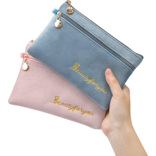 INS Pink Blue Flannel Portable Clutch Bag Women Coin Purse Key Card Mobile Bag Mini Storage Wallet Bag