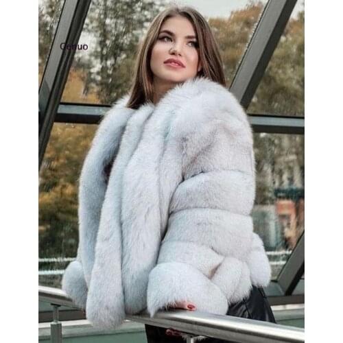 Faux Silver Fox Vertical Cropped Fox Fur Coat Women Fake Fox Fur Jacket Female Winter Luxury Thick Warm Outerwear High Quality