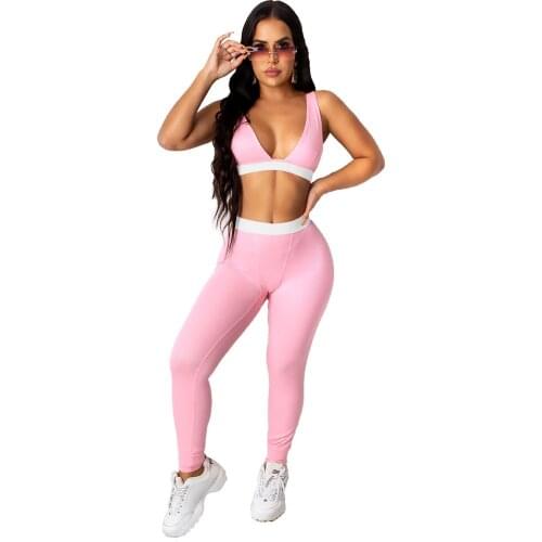 Solid Elastic Hight Two Pieces Sets Women Deep V-neck Workout Tank Top+skinny Leggings Sweatsuit Casual Sporty Female Outfits