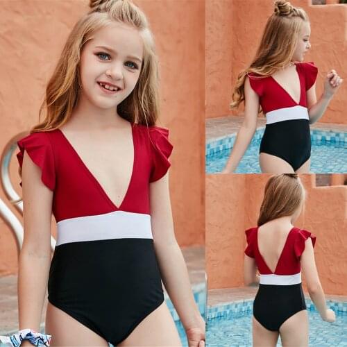 2021 Summer Girls Holiday Casual Color Matching Cute Solid Bikini Onepiece Swimsuite Swimwear Kids Swimwear For Girls Bambina
