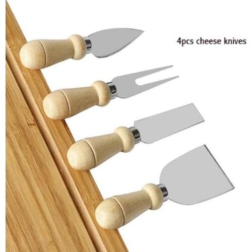 25sets 4pcs/set Wood Handle Stainless Steel Cheese Knives Set Baking Tools Kitchen Cooking Accessories
