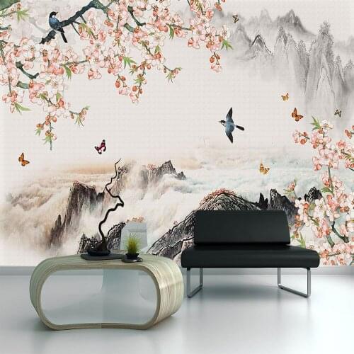 Seamless wallpaper New chinese style flower and bird illustration landscape painting living room background wall painting