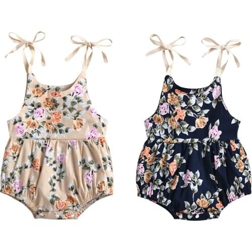 Newborn Baby Girls Casual Suspender Jumpsuits Fashion Flower Print Round Neck Bow Lace-Up Triangle Romper for Summer 0-24Moths