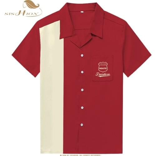 SISHION Rock Vintage Men Shirt Short Sleeve ST126 Cotton L-3XL Retro Bowling camiseta hombre Plus Size Red shirt men