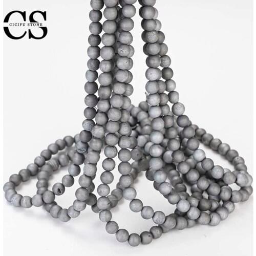 Light Gray Round Drusy Clusters Crude Metallic Coated Agates Beads for Jewelry Making DIY Bracelet Accessories 4/6/8/10/12 MM