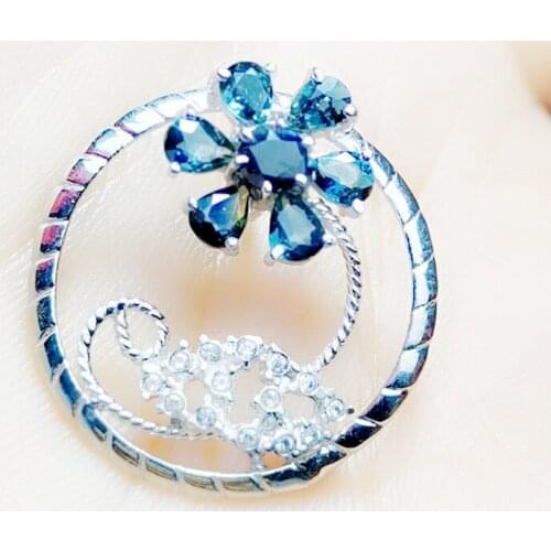 Natural real sapphire flower round brooch Free shipping 925 sterling silver 0.3CT*5pcs 0.35ct*1pc gemstone Fine jewelry C2012071