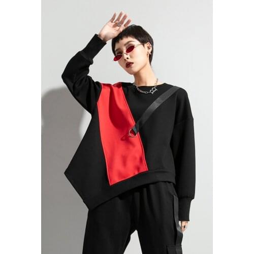 2021 autumn new color contrast stitching irregular sweater personalized ribbon loose top fashion brand women