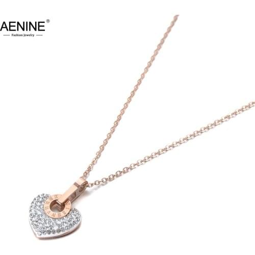 AENINE Trendy Titanium Steel White/Black Clay Rhinestone Heart Charm Necklace Lovely Pendant Chain Necklace For Women AN19112