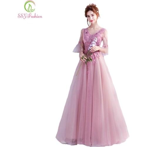SSYFashion New Sweet Pink Lace Flower Evening Dress The Bride Banquet Butterfly Sleeves Appliques Floor-length Prom Party Gown