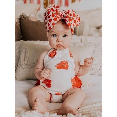 2021 New Girls Valentines Day Heart Printed Sleeveless and Backless Halter Bow Headband 2Pcs Ruffle Bodysuit