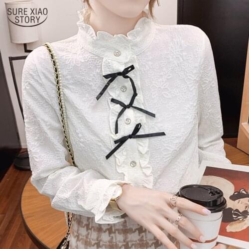 2021 Elegant Casual Lace Chiffon Shirts Woman Fall White Stand Collar Blouses Female Long Sleeve Solid Chic Woman Blouses 16237