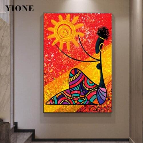 Black Woman with Sun Wall Art Painting Abstract Figure African Girl Red Yellow Canvas Poster for Living Room Picture Print Decor