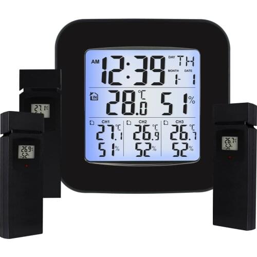 Digital Wireless Weather Station with 3 Sensors Indoor/Outdoor w/ Black LED LCD Display & Alarm Clock 4 Languages