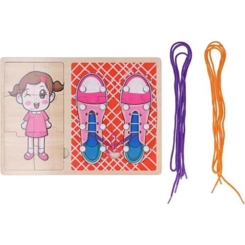 Kids Wooden Shoes Clothes Puzzle Toys Child Montessori Educational Toys Snap Lace Tie Shoelaces Activity Board Fine Motor Skills