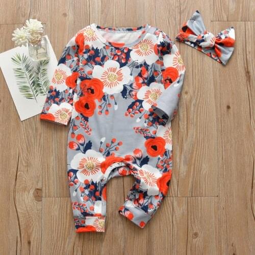 Infant Baby Girls Romper Casual Floral Long Sleeve jumpsuit and Headband Newborn Autumn Clothes Toddler Outfits