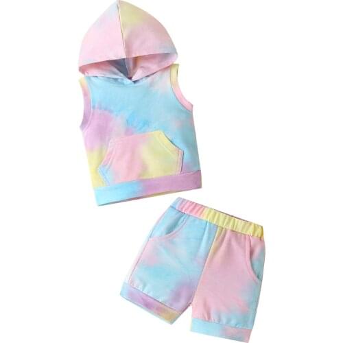Chidren Tracksuit Toddle Girls Boys Unisex Sportswear Fashion Tie Dye Print Summer Suit Hooded Hoodie Sleeveless Top Shorts Set